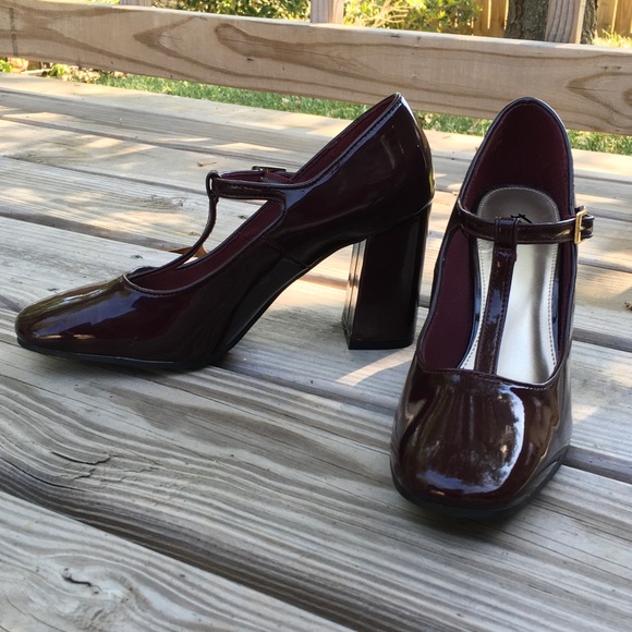 Fioni Burgundy/Wine Strap Block Heels - Picture 2 of 5